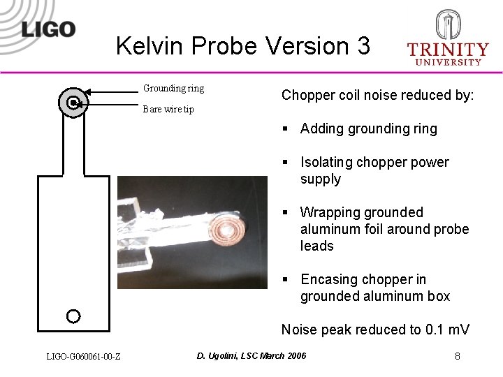 Kelvin Probe Version 3 Grounding ring Chopper coil noise reduced by: Bare wire tip