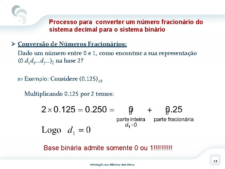 Processo para converter um número fracionário do sistema decimal para o sistema binário Ø