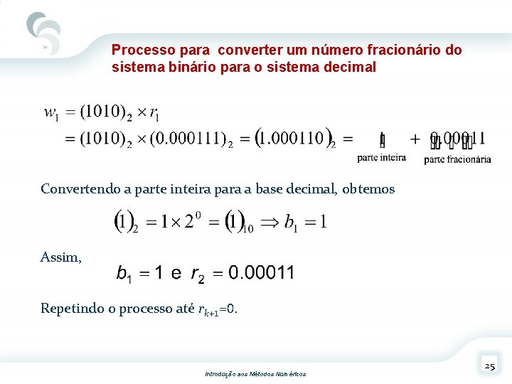 Processo para converter um número fracionário do sistema binário para o sistema decimal Convertendo