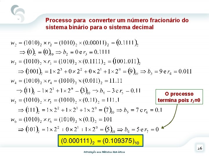 Processo para converter um número fracionário do sistema binário para o sistema decimal O
