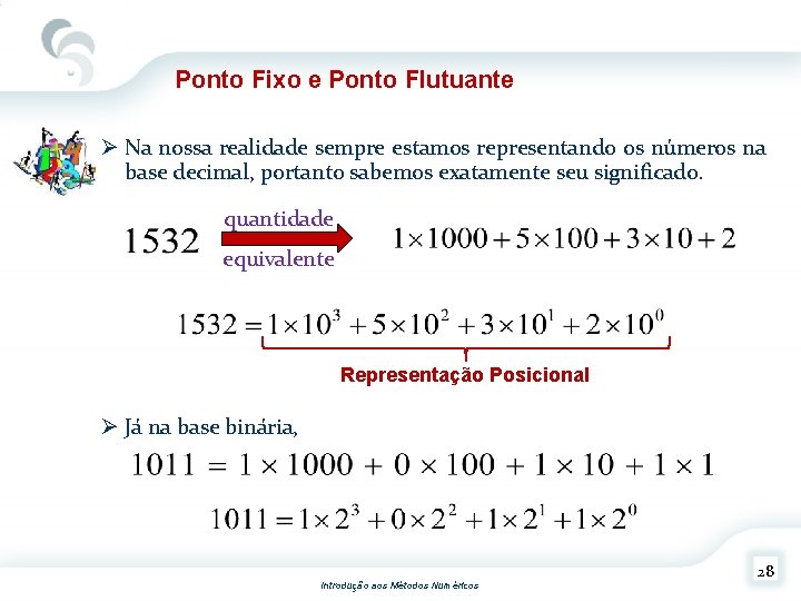 Ponto Fixo e Ponto Flutuante Ø Na nossa realidade sempre estamos representando os números