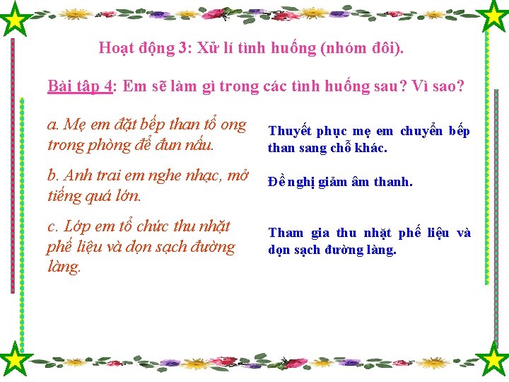 Hoạt động 3: Xử lí tình huống (nhóm đôi). Bài tập 4: Em sẽ