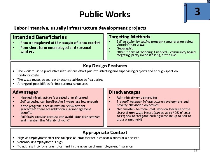 Public Works 3 Labor-intensive, usually infrastructure development projects Intended Beneficiaries • • Targeting Methods