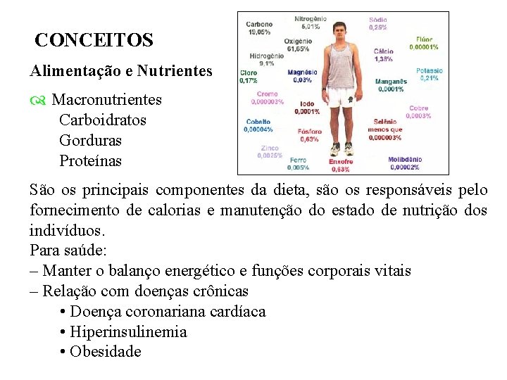 CONCEITOS Alimentação e Nutrientes Macronutrientes Carboidratos Gorduras Proteínas São os principais componentes da dieta,
