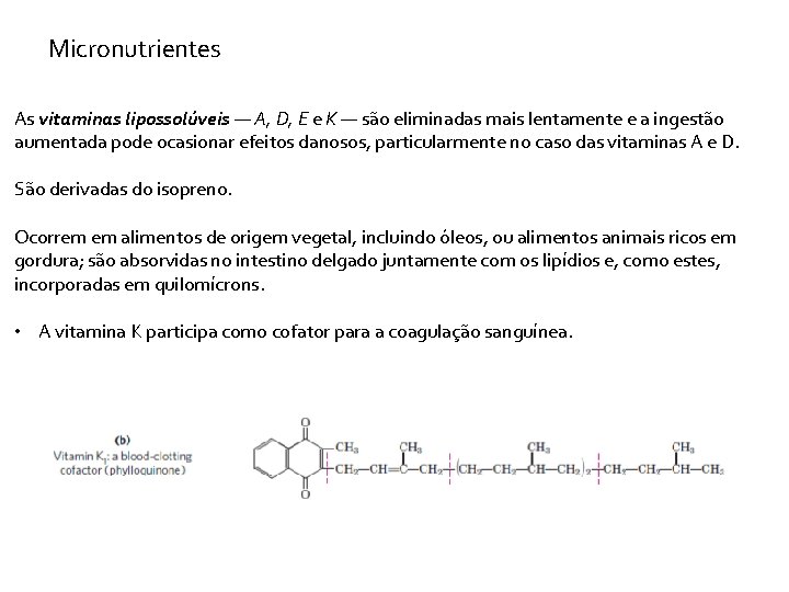 Micronutrientes As vitaminas lipossolúveis — A, D, E e K — são eliminadas mais