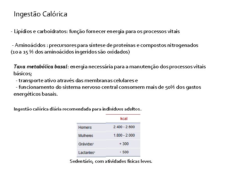 Ingestão Calórica - Lipídios e carboidratos: função fornecer energia para os processos vitais -