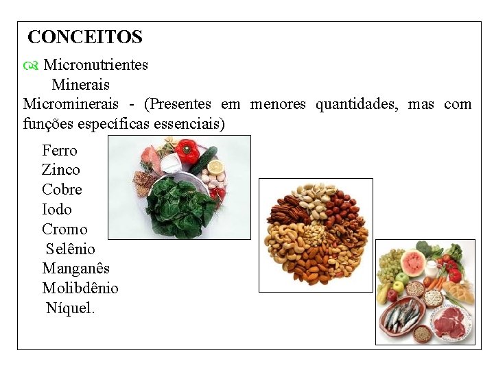 CONCEITOS Micronutrientes Minerais Microminerais - (Presentes em menores quantidades, mas com funções específicas essenciais)