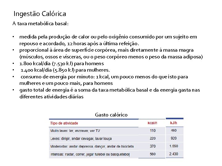 Ingestão Calórica A taxa metabólica basal: • medida pela produção de calor ou pelo