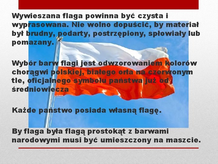 Wywieszana flaga powinna być czysta i wyprasowana. Nie wolno dopuścić, by materiał był brudny,