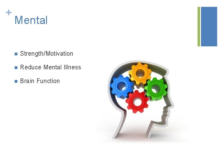 + Mental n Strength/Motivation n Reduce Mental Illness n Brain Function  + Mental n Strength/Motivation n Reduce Mental Illness n Brain Function