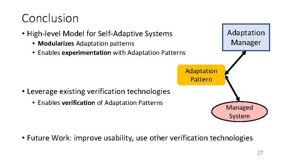 Conclusion • High-level Model for Self-Adaptive Systems • Modularizes Adaptation patterns • Enables experimentation