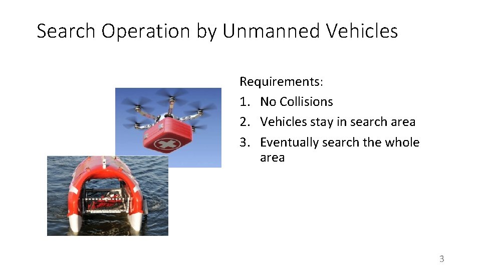 Search Operation by Unmanned Vehicles Requirements: 1. No Collisions 2. Vehicles stay in search