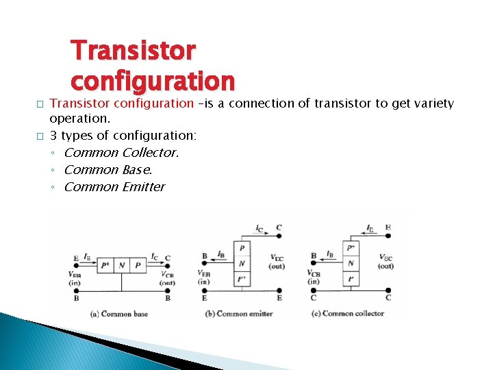 � � Transistor configuration –is a connection of transistor to get variety operation. 3