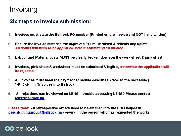 Invoicing Six steps to Invoice submission: 1. Invoices must state the Bellrock PO number