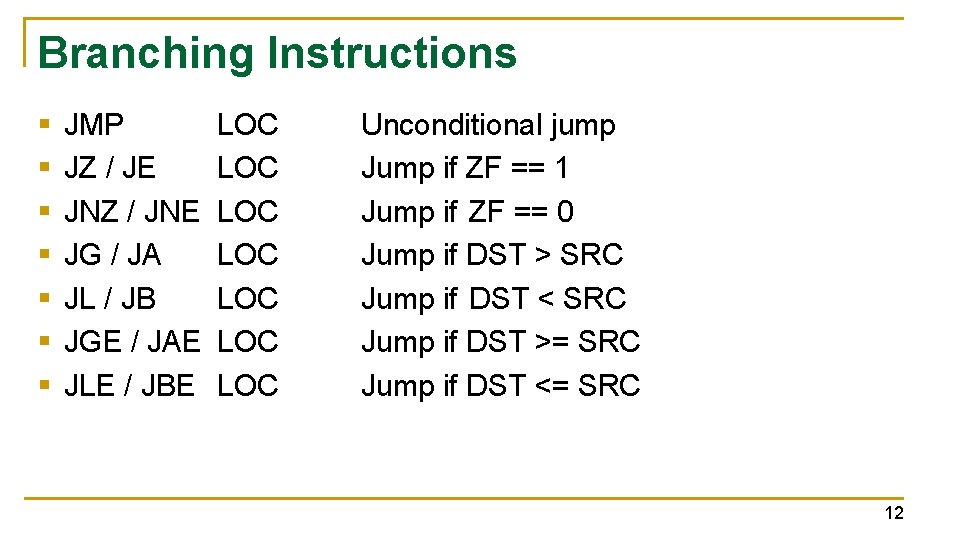 Branching Instructions § § § § JMP JZ / JE JNZ / JNE JG