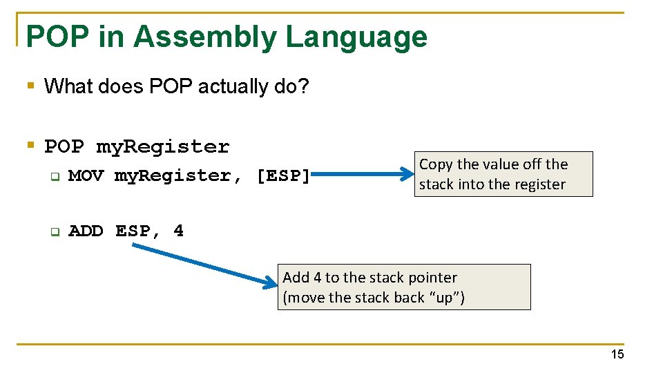 POP in Assembly Language § What does POP actually do? § POP my. Register