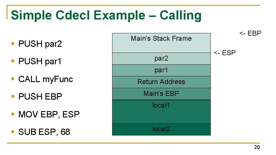 Simple Cdecl Example – Calling § PUSH par 2 § PUSH par 1 §