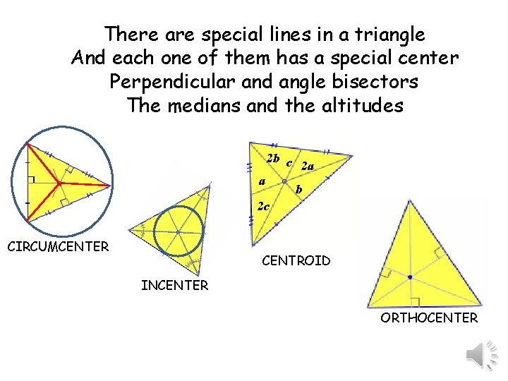 There are special lines in a triangle And each one of them has a