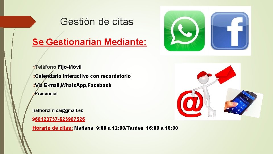 Gestión de citas Se Gestionarian Mediante: ○Teléfono Fijo-Móvil ○Calendario Interactivo con recordatorio ○Via E-mail,