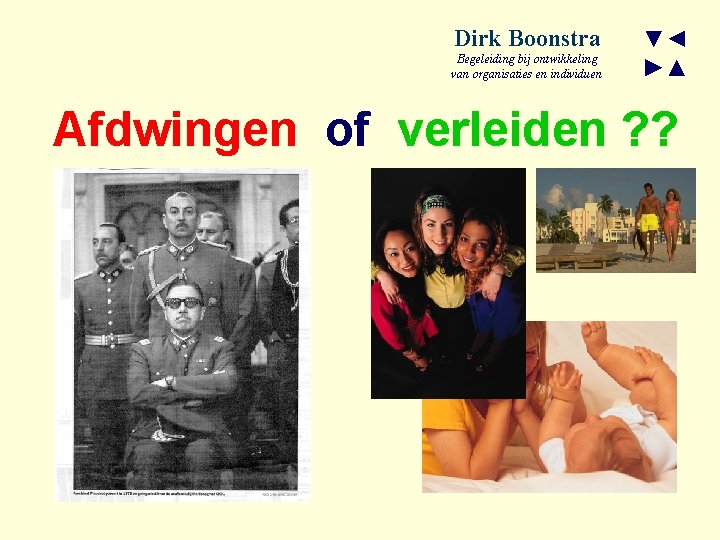 Dirk Boonstra Begeleiding bij ontwikkeling van organisaties en individuen ▼◄ ►▲ Afdwingen of verleiden