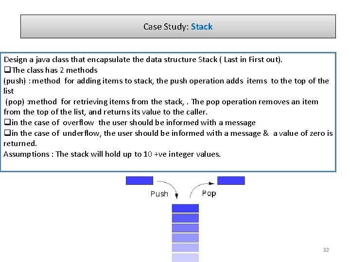 Case Study: Stack Design a java class that encapsulate the data structure Stack (