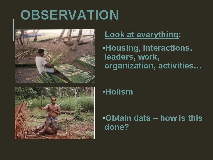 OBSERVATION Look at everything: • Housing, interactions, leaders, work, organization, activities… • Holism •