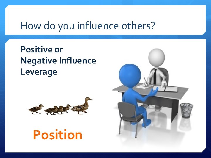 How do you influence others? Positive or Negative Influence Leverage Position 