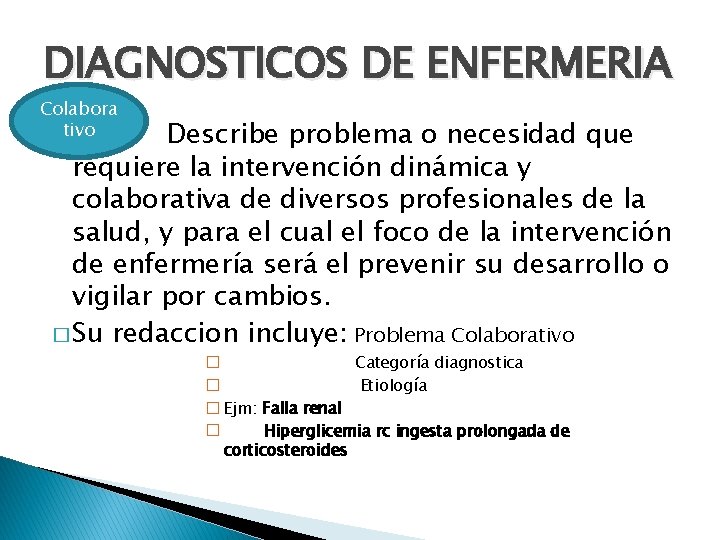 DIAGNOSTICOS DE ENFERMERIA Colabora �tivo Describe problema o necesidad que requiere la intervención dinámica