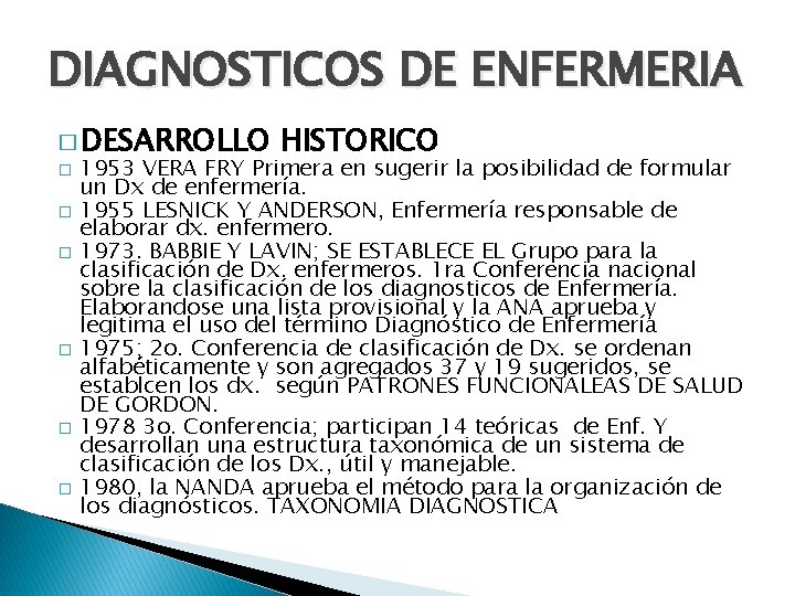 DIAGNOSTICOS DE ENFERMERIA � DESARROLLO � � � HISTORICO 1953 VERA FRY Primera en