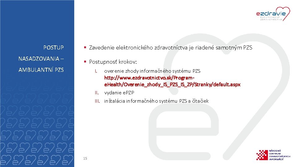 POSTUP NASADZOVANIA – § Zavedenie elektronického zdravotníctva je riadené samotným PZS § Postupnosť krokov: