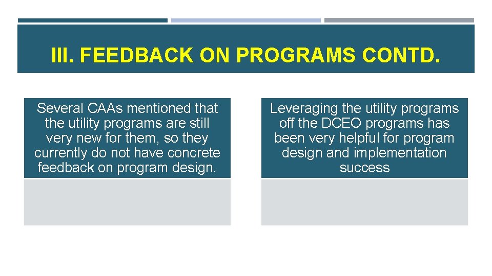 III. FEEDBACK ON PROGRAMS CONTD. Several CAAs mentioned that the utility programs are still