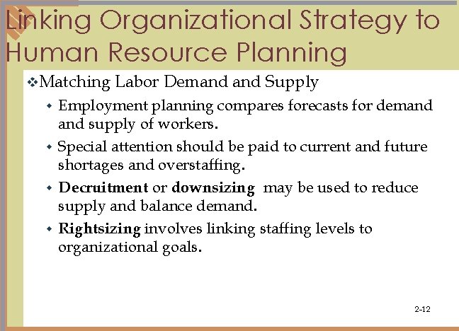 Linking Organizational Strategy to Human Resource Planning v. Matching Labor Demand Supply Employment planning