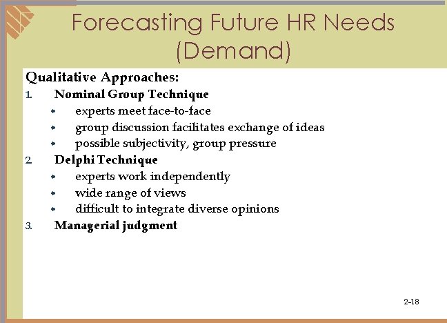 Forecasting Future HR Needs (Demand) Qualitative Approaches: 1. 2. 3. Nominal Group Technique w