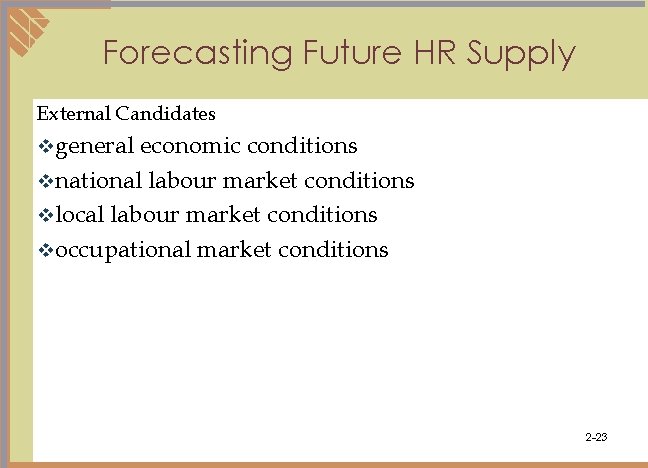 Forecasting Future HR Supply External Candidates vgeneral economic conditions vnational labour market conditions vlocal