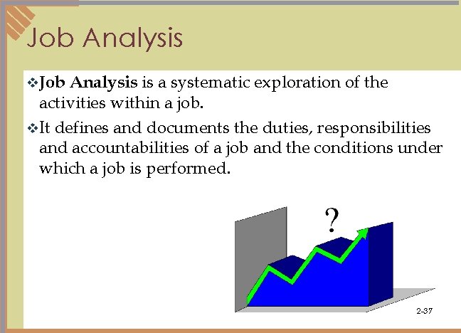 Job Analysis is a systematic exploration of the activities within a job. v. It