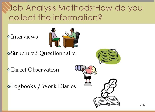 Job Analysis Methods: How do you collect the information? v. Interviews v. Structured v.