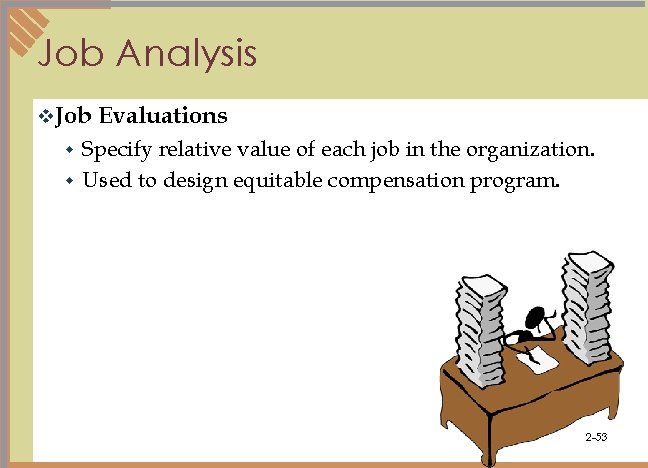 Job Analysis v. Job Evaluations Specify relative value of each job in the organization.