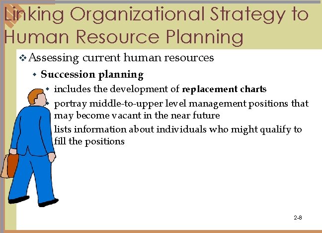 Linking Organizational Strategy to Human Resource Planning v. Assessing w current human resources Succession