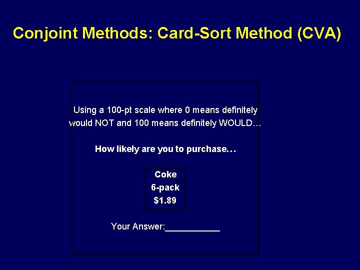 Conjoint Methods: Card-Sort Method (CVA) Using a 100 -pt scale where 0 means definitely