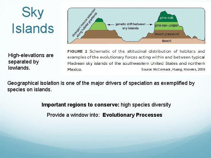 Sky Islands High elevations are separated by lowlands. Source: Mc. Cormack, Huang, Knowles, 2009