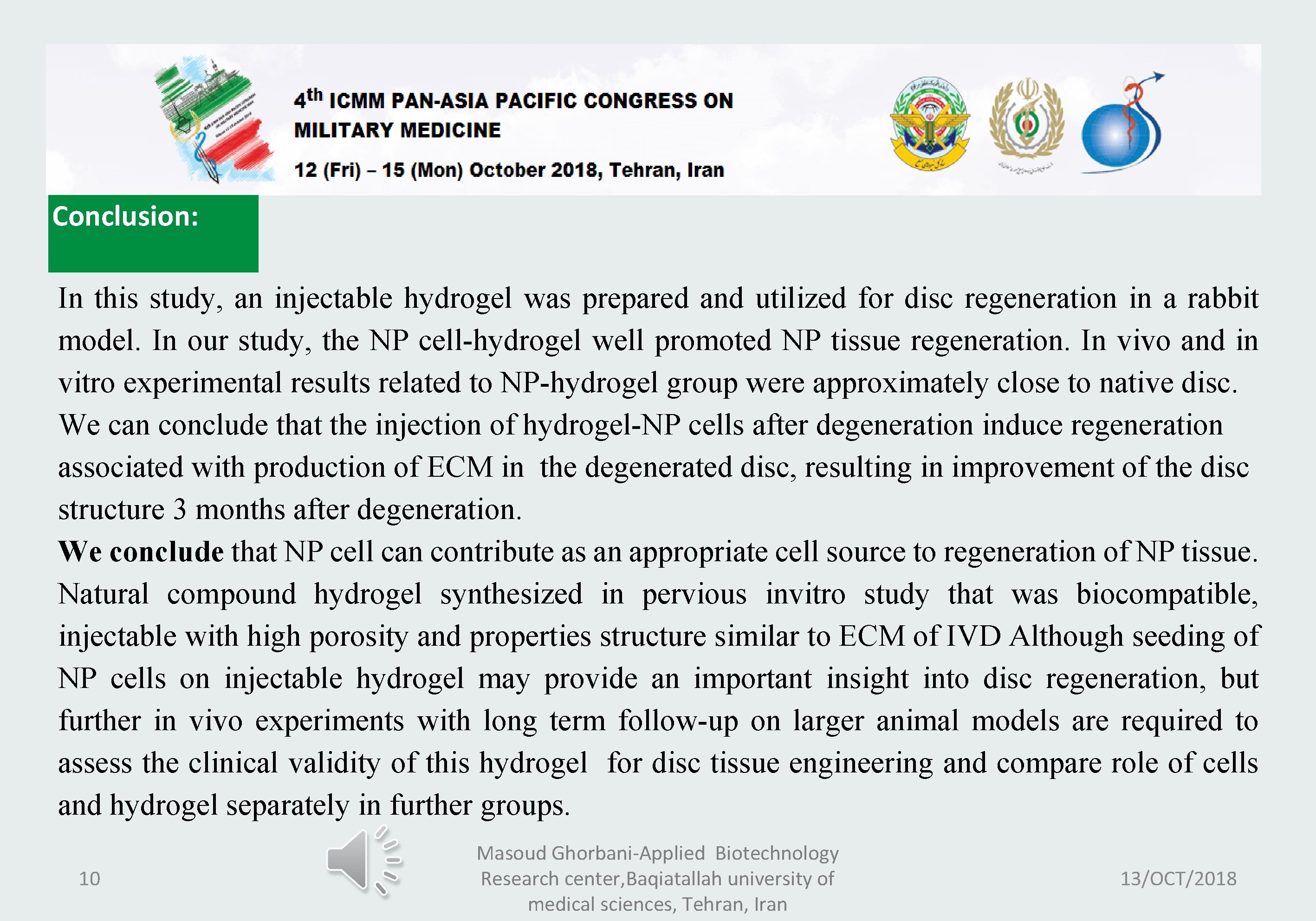 Conclusion: In this study, an injectable hydrogel was prepared and utilized for disc regeneration