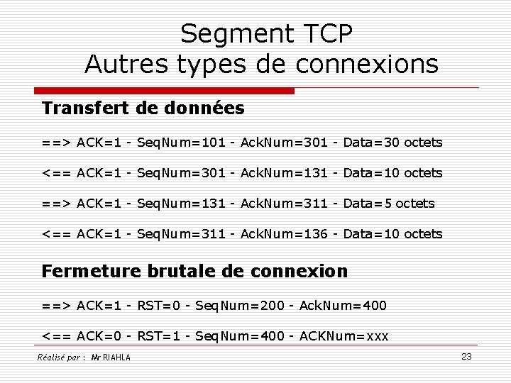  Segment TCP Autres types de connexions Transfert de données ==> ACK=1 - Seq.