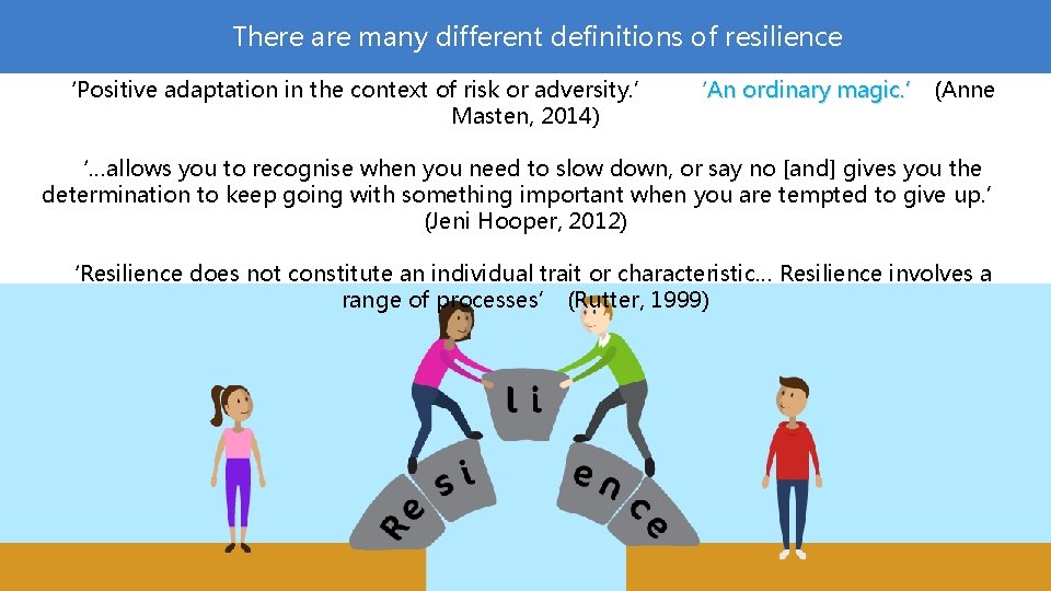 There are many different definitions of resilience ‘Positive adaptation in the context of risk