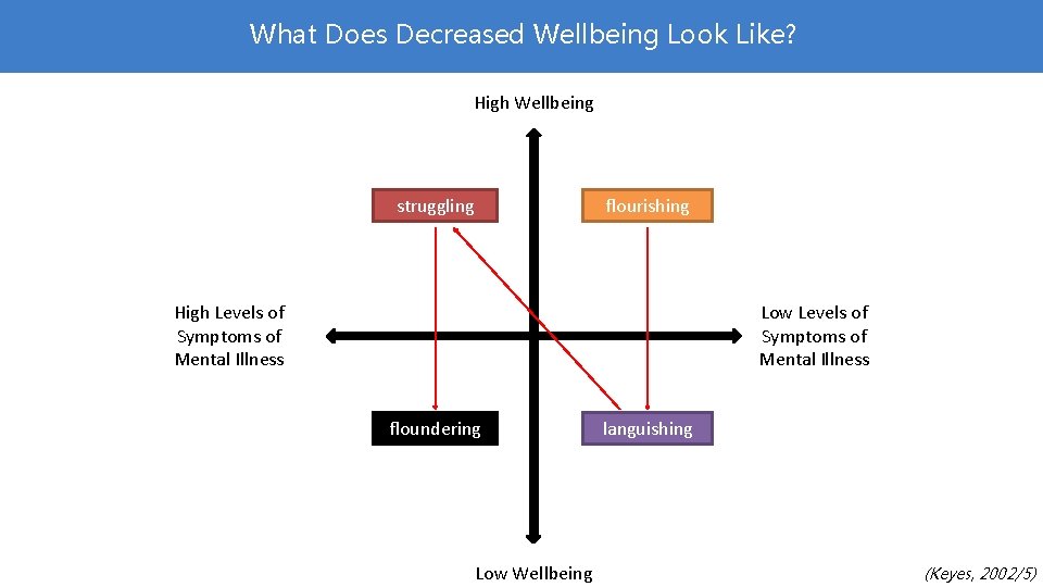 What Does Decreased Wellbeing Look Like? High Wellbeing struggling flourishing High Levels of Symptoms