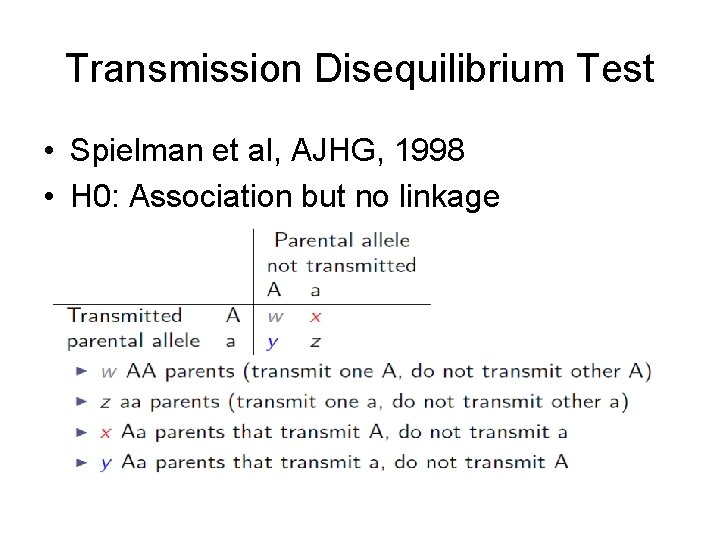 Transmission Disequilibrium Test • Spielman et al, AJHG, 1998 • H 0: Association but