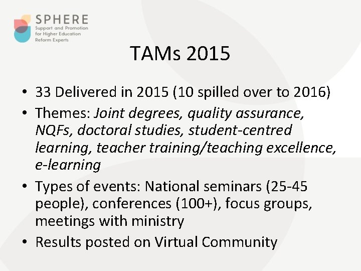 TAMs 2015 • 33 Delivered in 2015 (10 spilled over to 2016) • Themes: