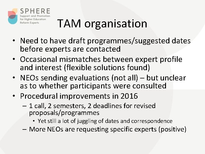 TAM organisation • Need to have draft programmes/suggested dates before experts are contacted •