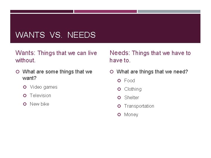 WANTS VS. NEEDS Wants: Things that we can live Needs: Things that we have WANTS VS. NEEDS Wants: Things that we can live Needs: Things that we have