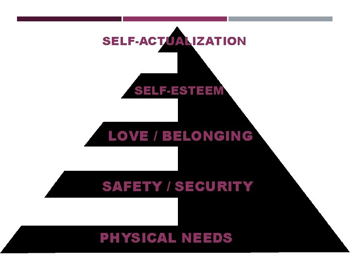 SELF-ACTUALIZATION SELF-ESTEEM LOVE / BELONGING SAFETY / SECURITY PHYSICAL NEEDS 