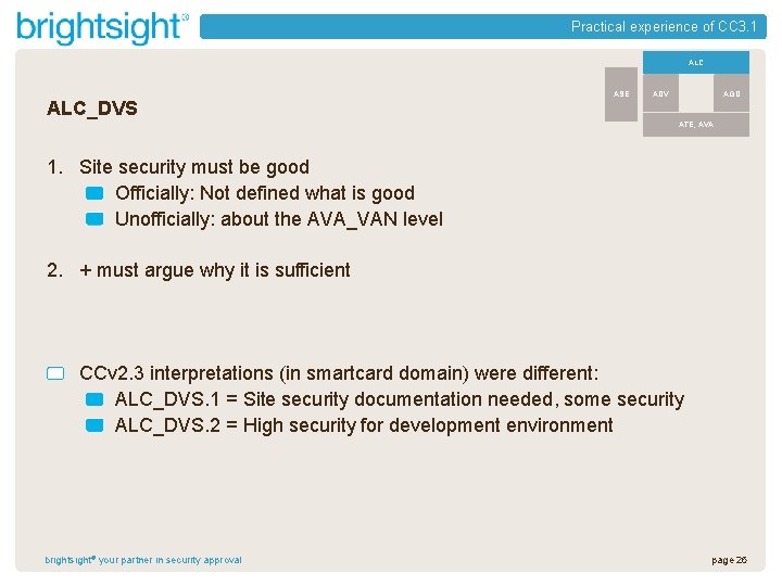 Practical experience of CC 3. 1 ALC_DVS ASE ADV AGD ATE, AVA 1. Site